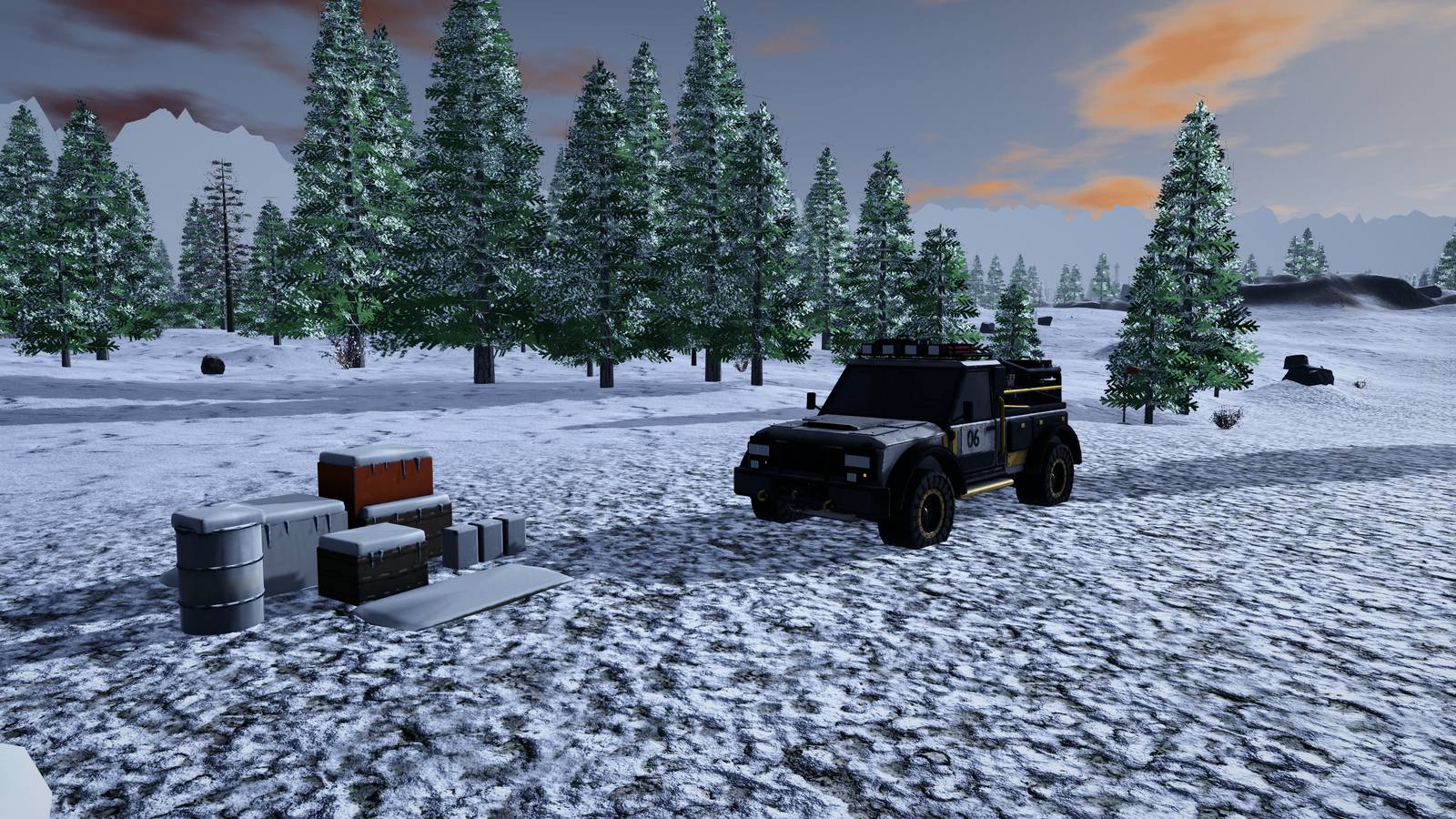 Nivara: la camioneta TRV4 en la nieve, junto a unas cajas, con pinos y montañas detrás
