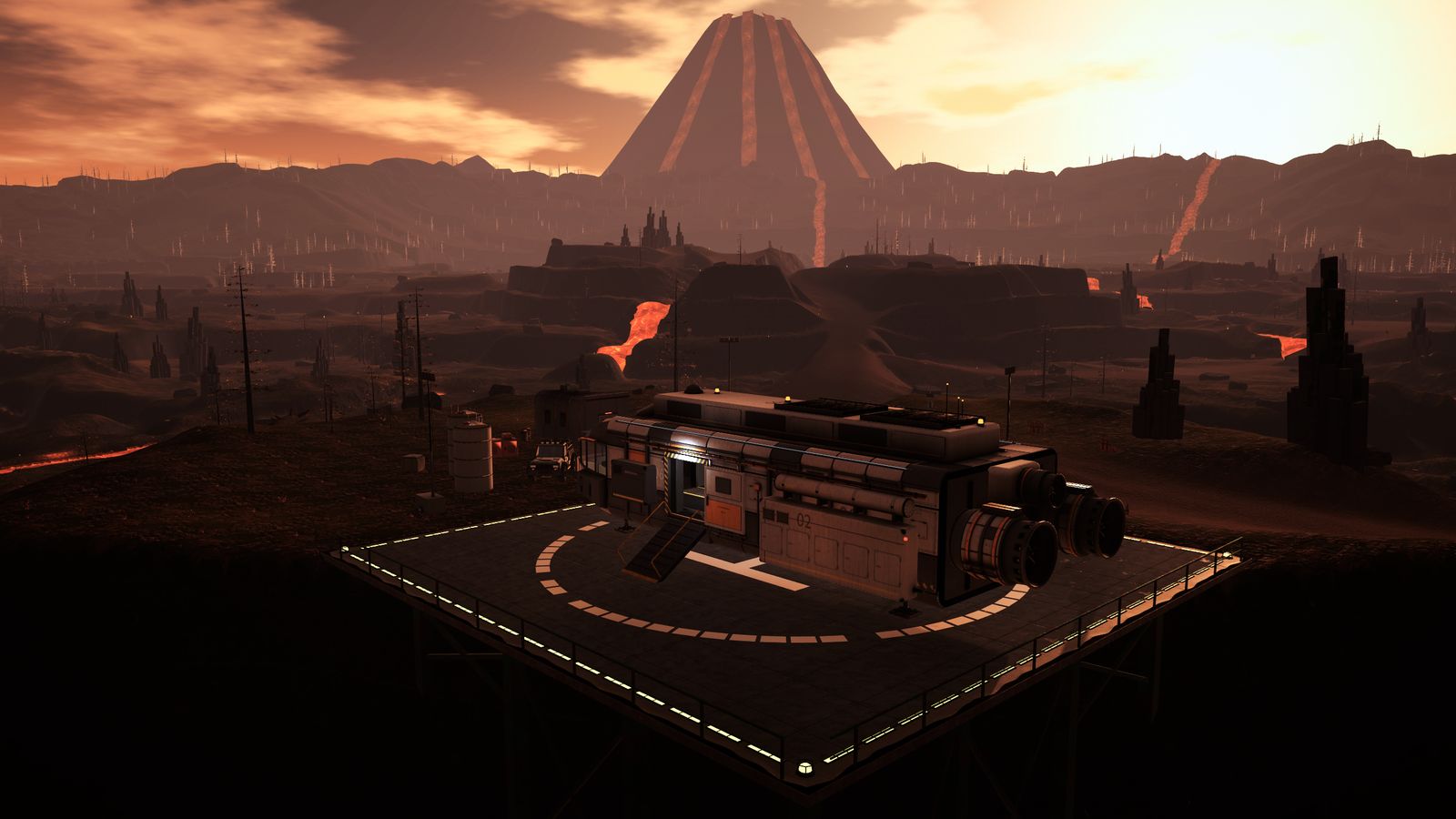 Vulkan: la nave en su plataforma, con ríos de lava y el volcán de fondo